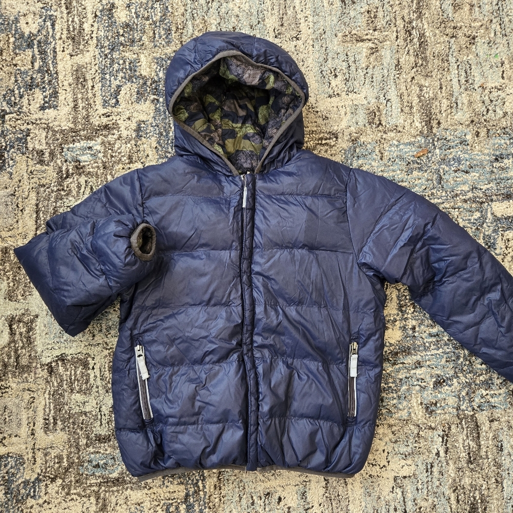 Hanna Andersson Warmest Down Reversible Puffer Coat 140 US 10 Hooded Camo Navy
